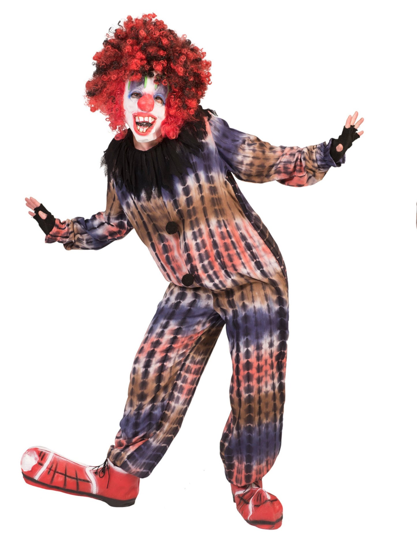Déguisement clown effrayant pour garçon motif tie-dye sombre avec masque et perruque rouge