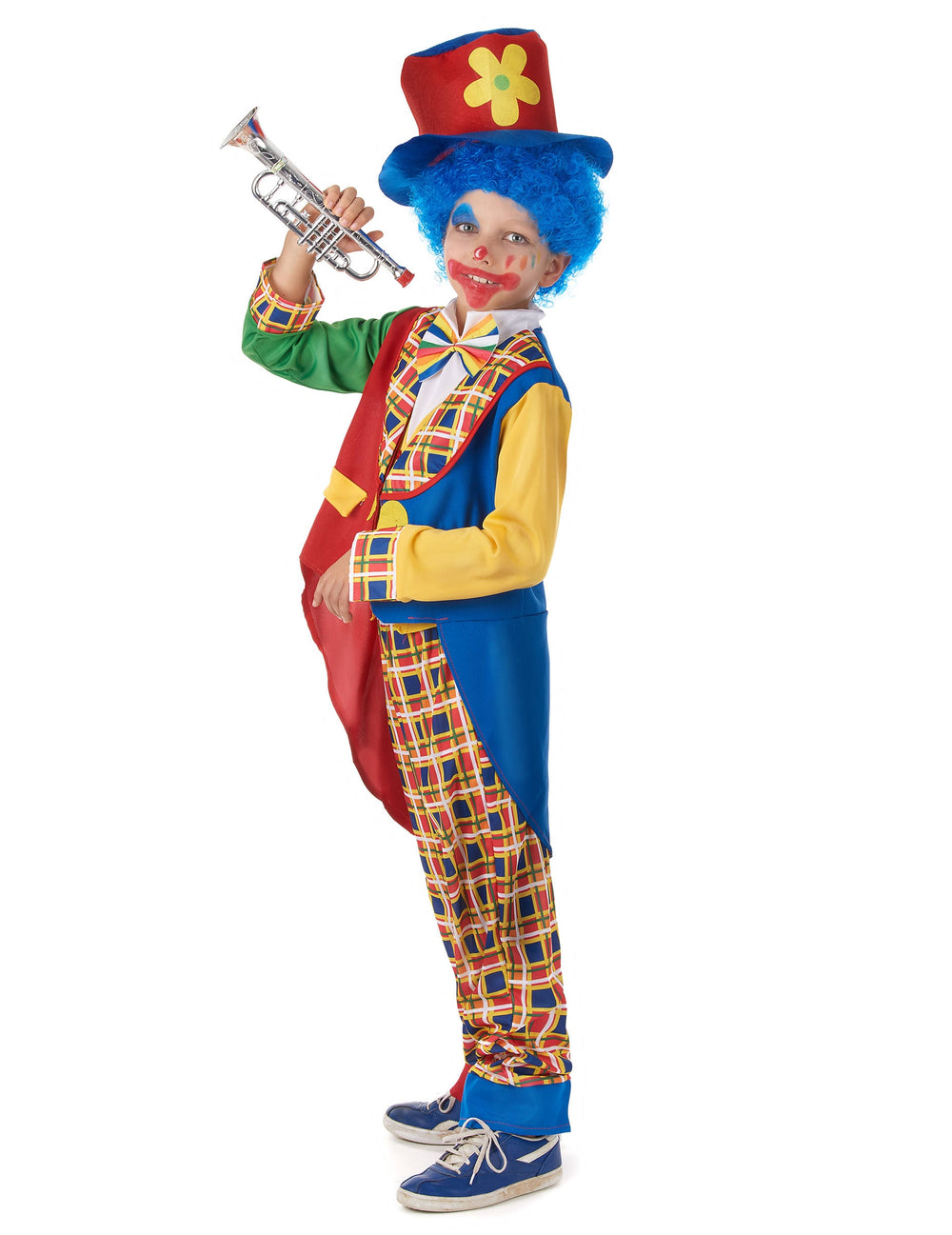 Vue de profil avec trompette du déguisement de clown joyeux pour enfant