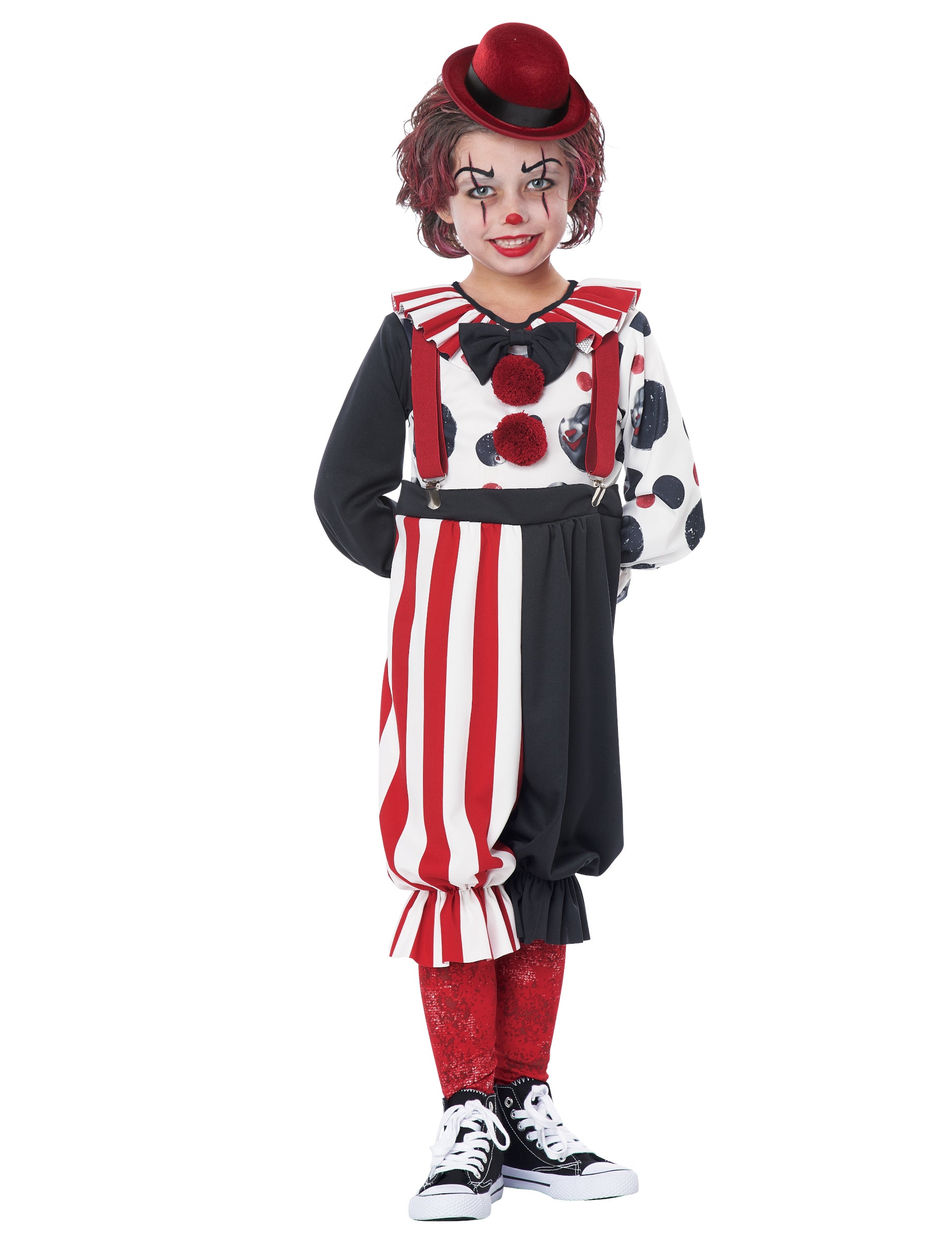 Déguisement de clown pour enfant rouge blanc et noir à rayures et pois