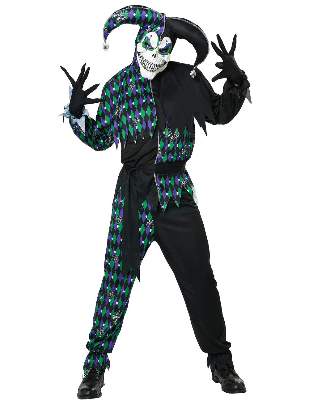 Déguisement clown monstrueux luxe pour adulte noir vert et violet à losanges