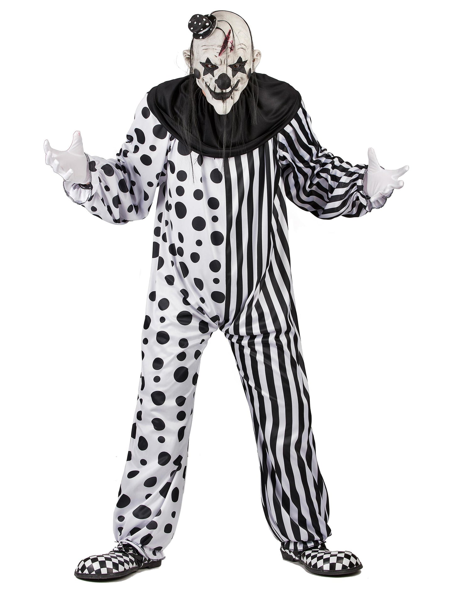 Déguisement clown monstrueux pour adulte noir et blanc à pois et rayures