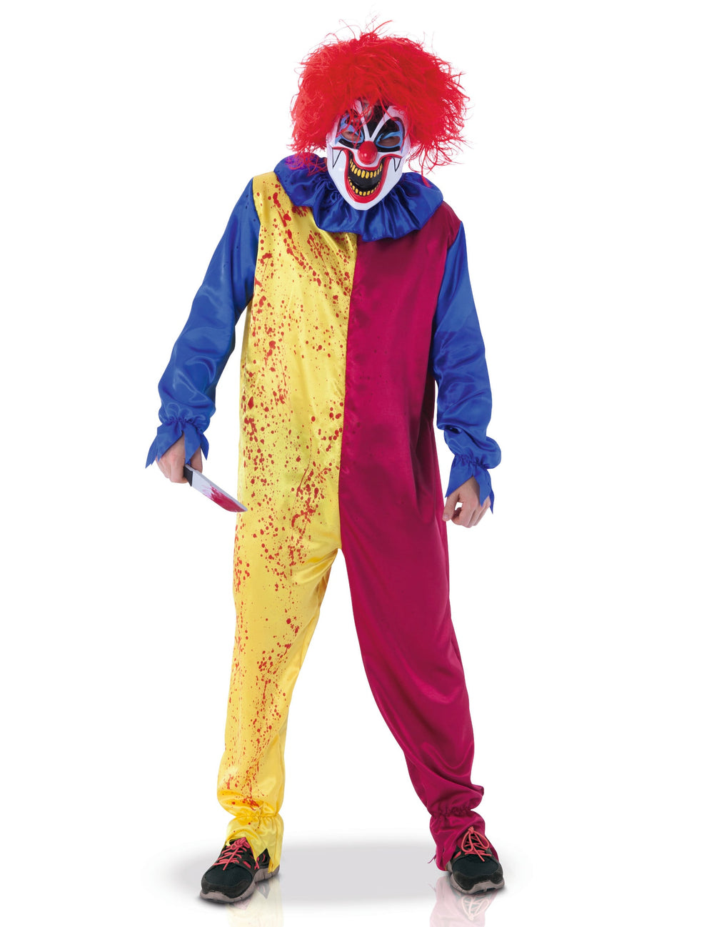 Déguisement de clown psychopathe pour adulte jaune et bordeaux ensanglanté avec masque et perruque rouge