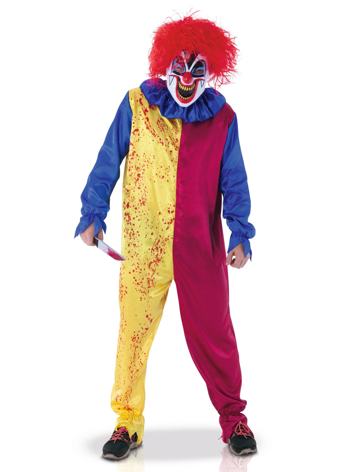 Déguisement de clown psychopathe pour adulte jaune et bordeaux ensanglanté avec masque et perruque rouge