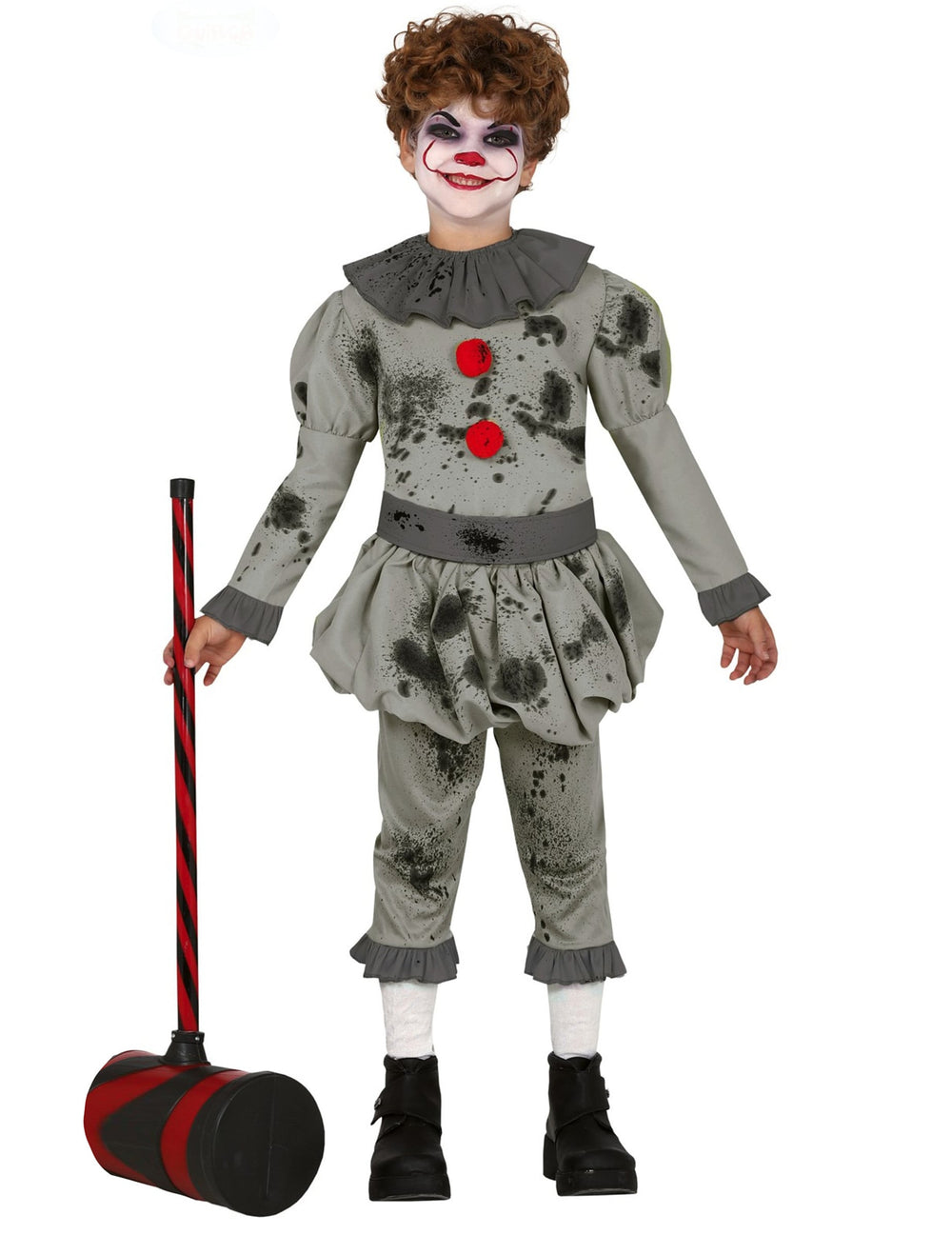 Déguisement de clown psychopathe pour garçon gris avec taches noires et pompons rouges