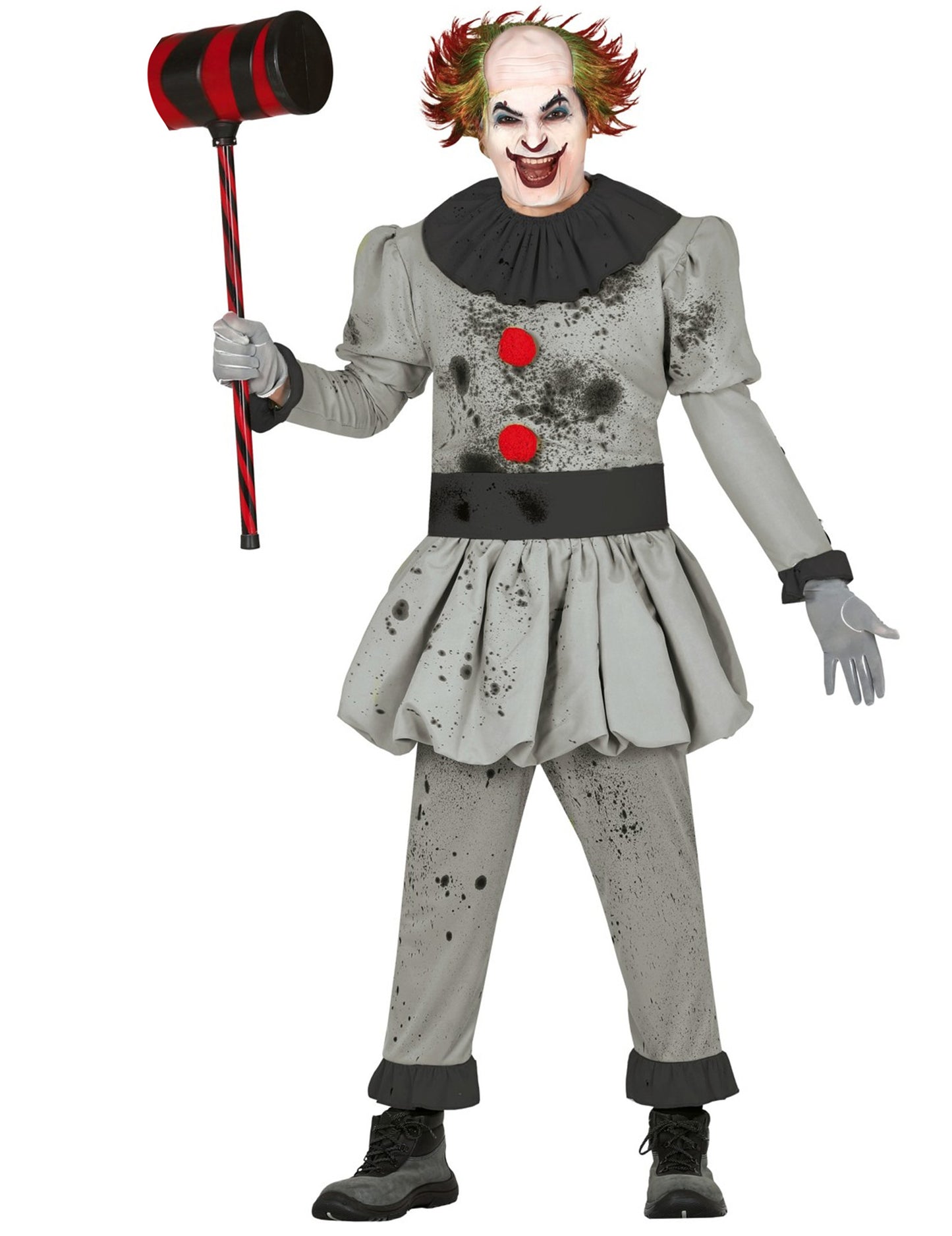 Déguisement de clown psychopathe pour homme gris taché avec maillet