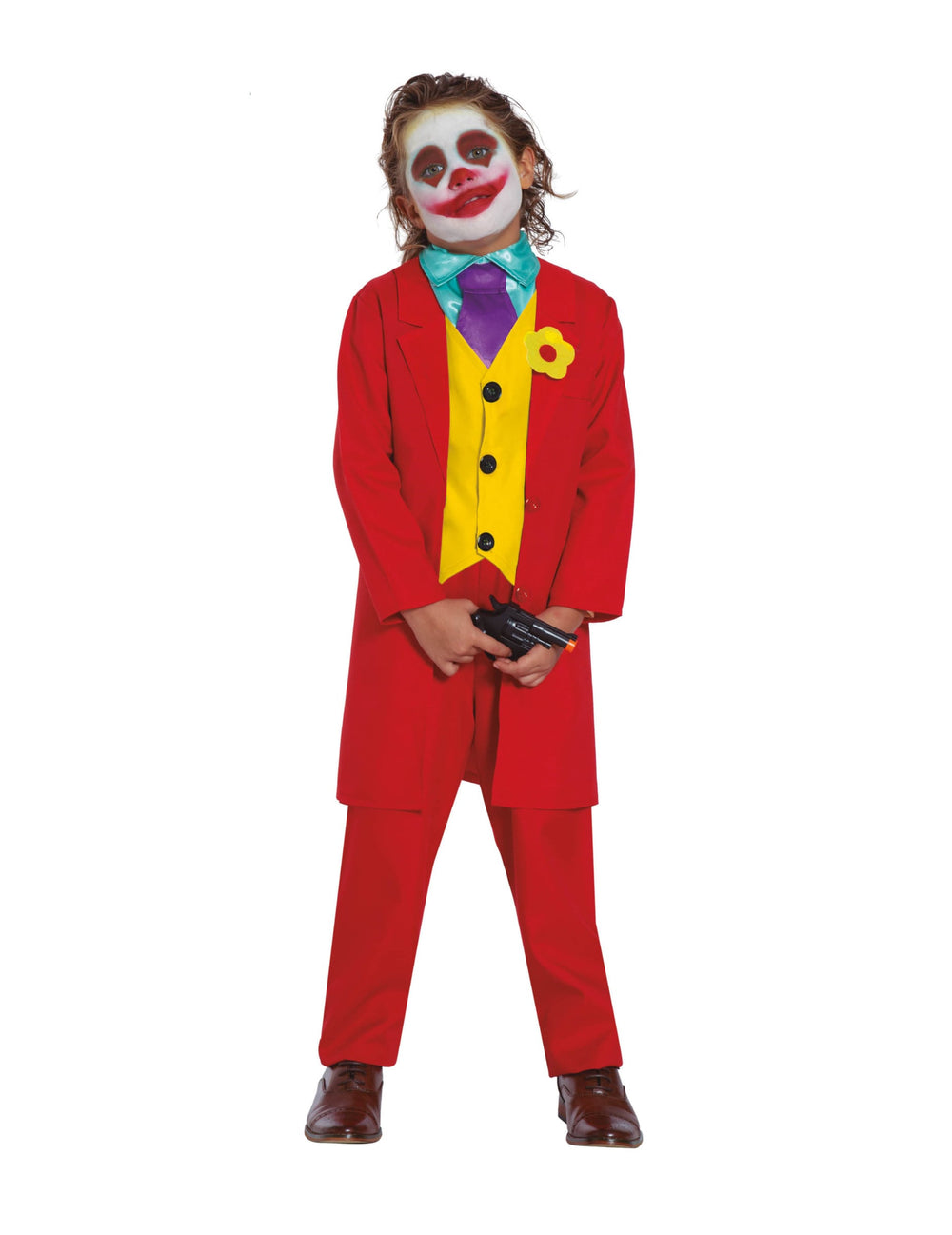 Déguisement de clown rouge fou pour enfant rouge et jaune avec cravate violette