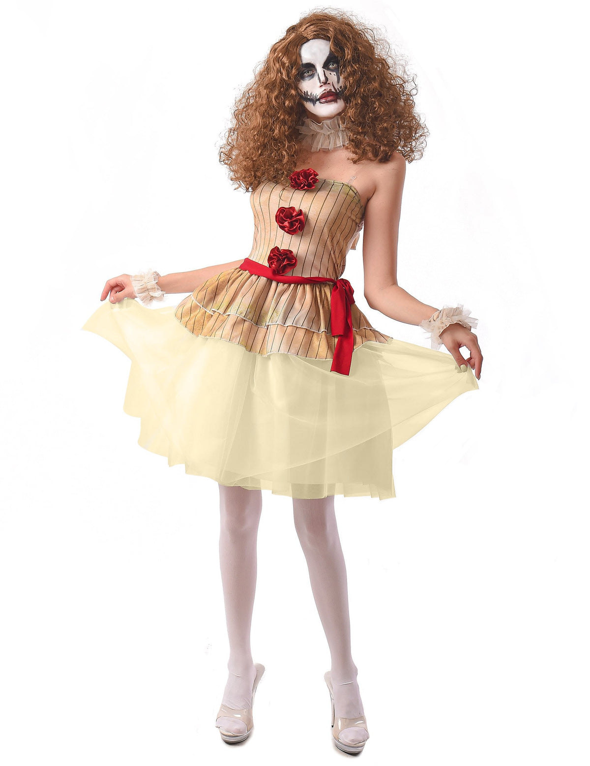 Déguisement clown terrifiant pour femme beige avec pompons rouges
