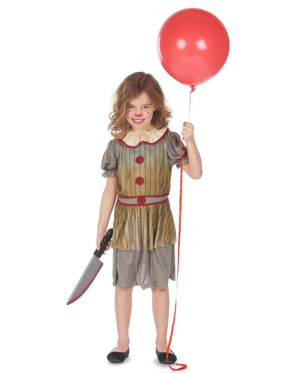 Déguisement clown terrifiant pour fille gris à rayures avec pompons rouges