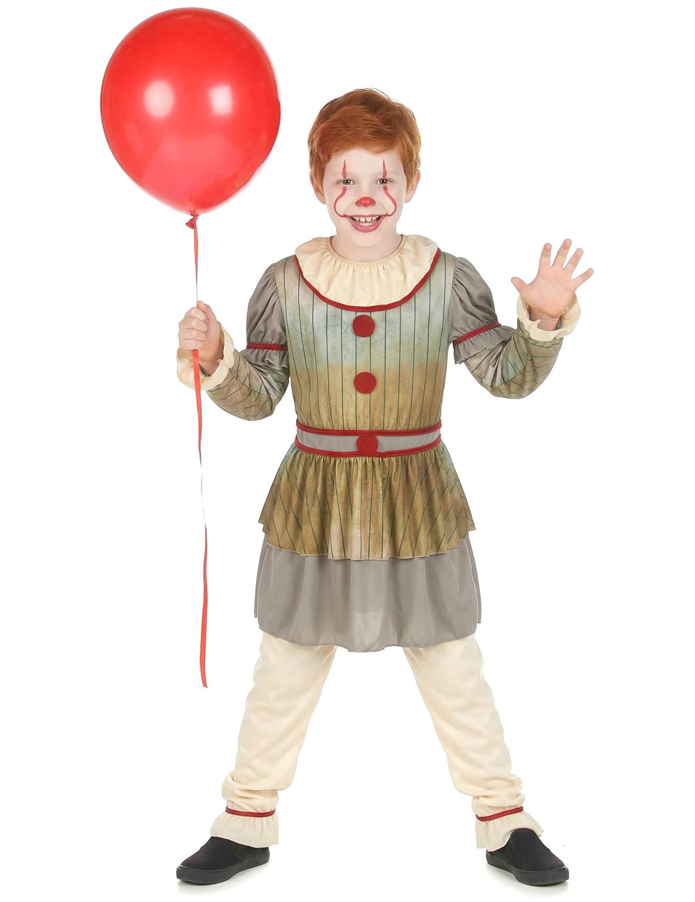 Fato de palhaço aterrador para menino cinzento com balão e pompons vermelhos