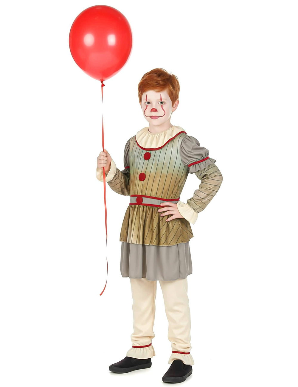 Vista geral com balão vermelho do disfarce de palhaço aterrador