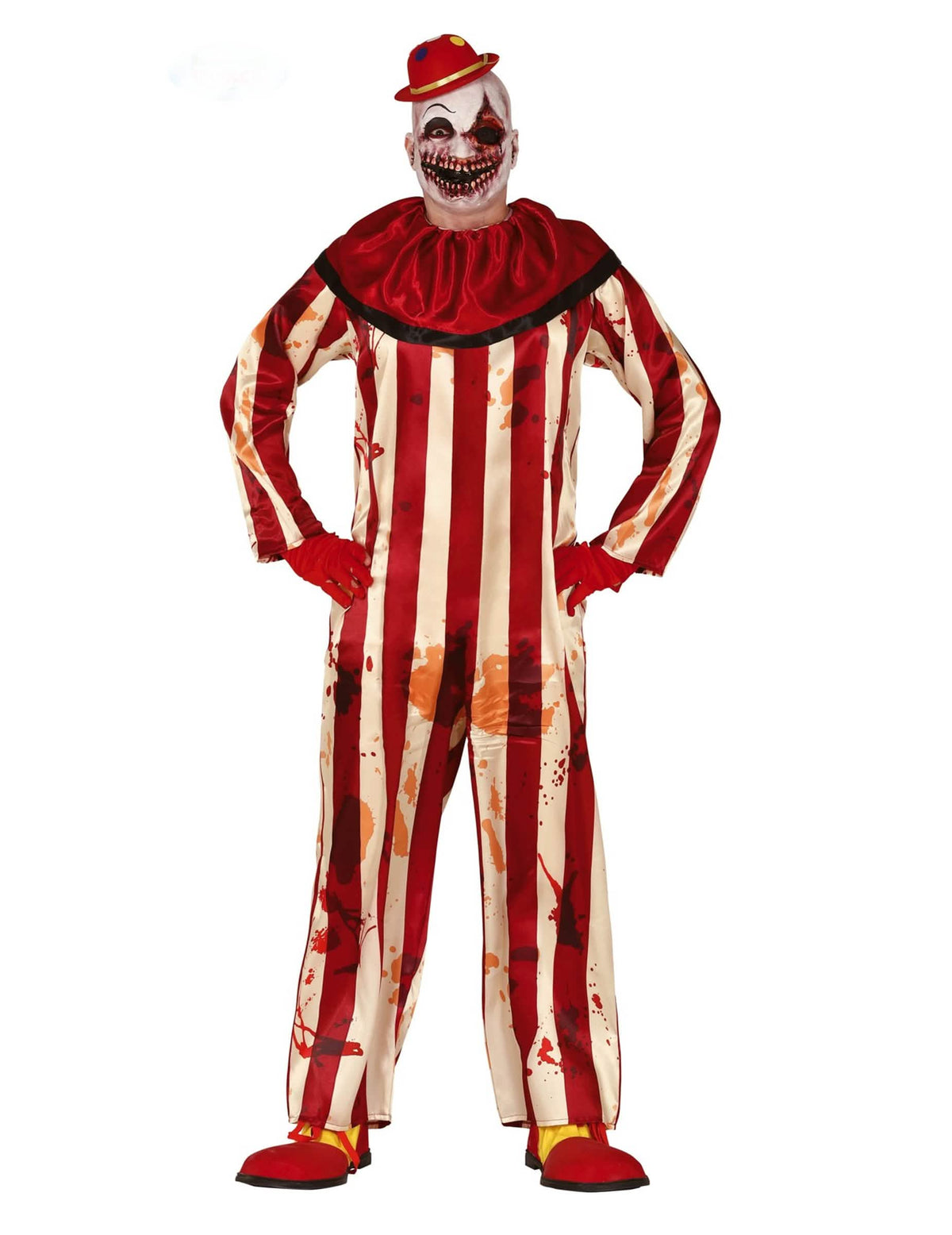 Fato de palhaço terrível para homem vermelho e branco ensanguentado