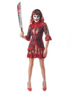 Déguisement de clown terrifiant pour femme rouge à rayures et taches de sang