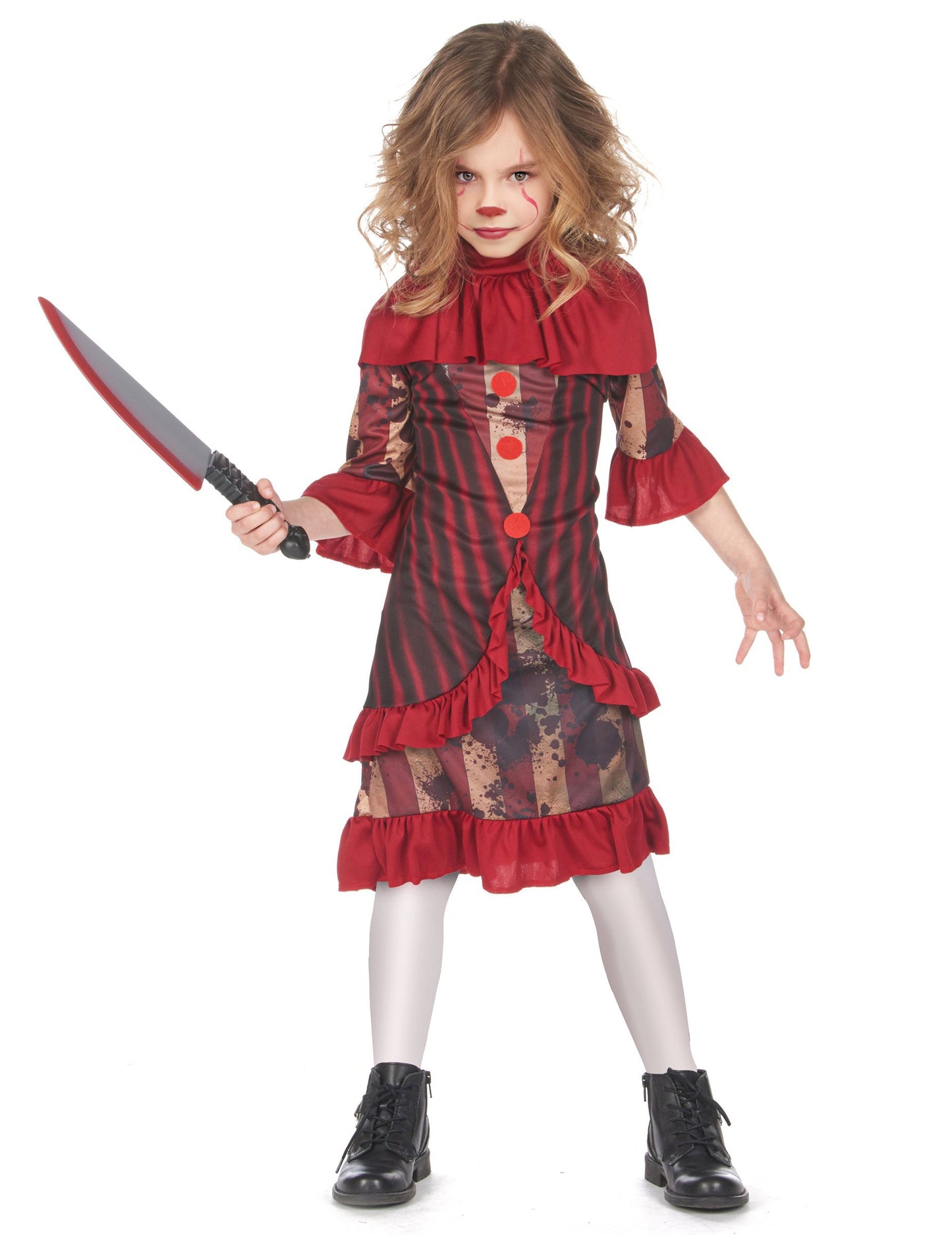 Déguisement clown terrifiant pour fille rouge ensanglanté à rayures