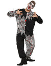 Déguisement clown triste ensanglanté pour adulte noir et blanc à rayures avec motifs sanglants