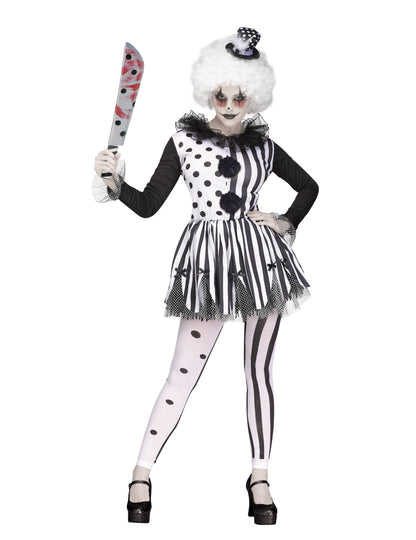Déguisement clown tueur pour femme noir et blanc à rayures et pois