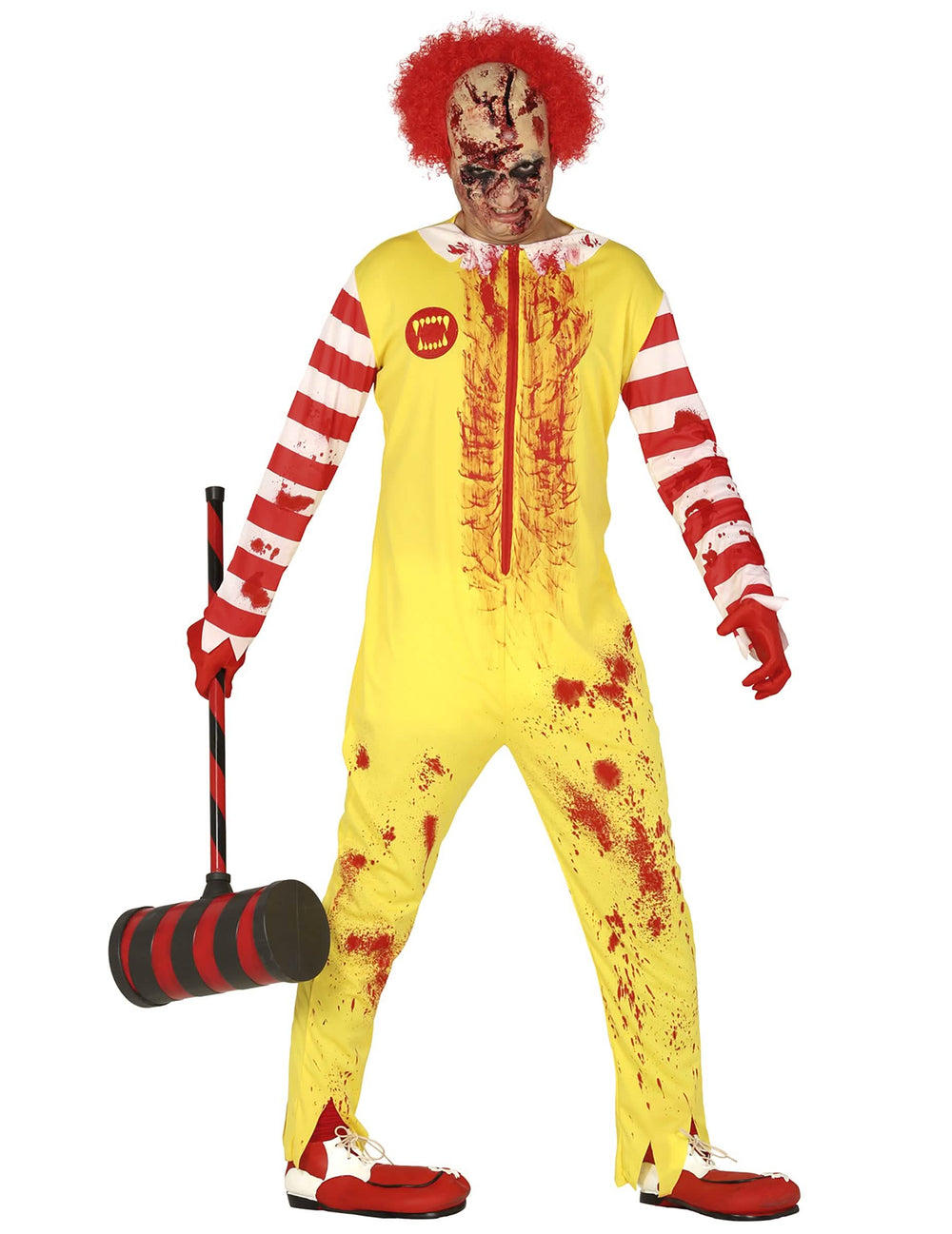 Fato de zombie palhaço para adulto vermelho e amarelo ensanguentado