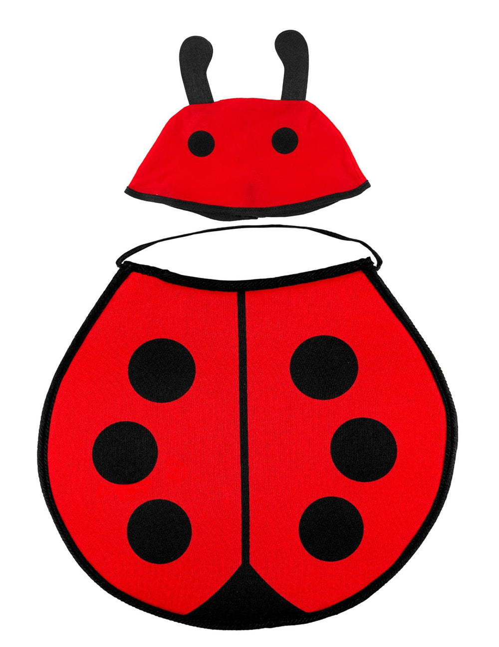 Vue à plat de la tunique et de la cagoule du déguisement coccinelle pour bébé