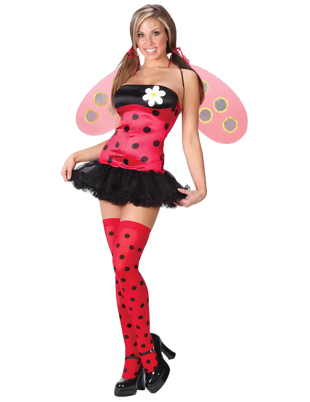 Déguisement de coccinelle pour femme rouge et noir avec ailes roses et bas à pois