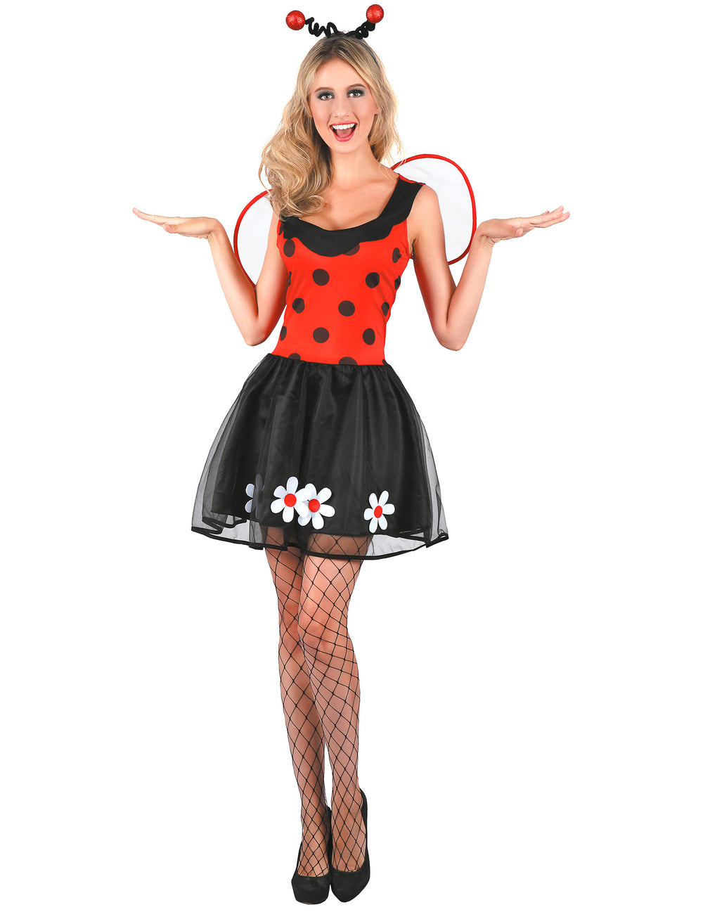 Déguisement de coccinelle pour femme rouge et noir à pois avec ailes et fleurs
