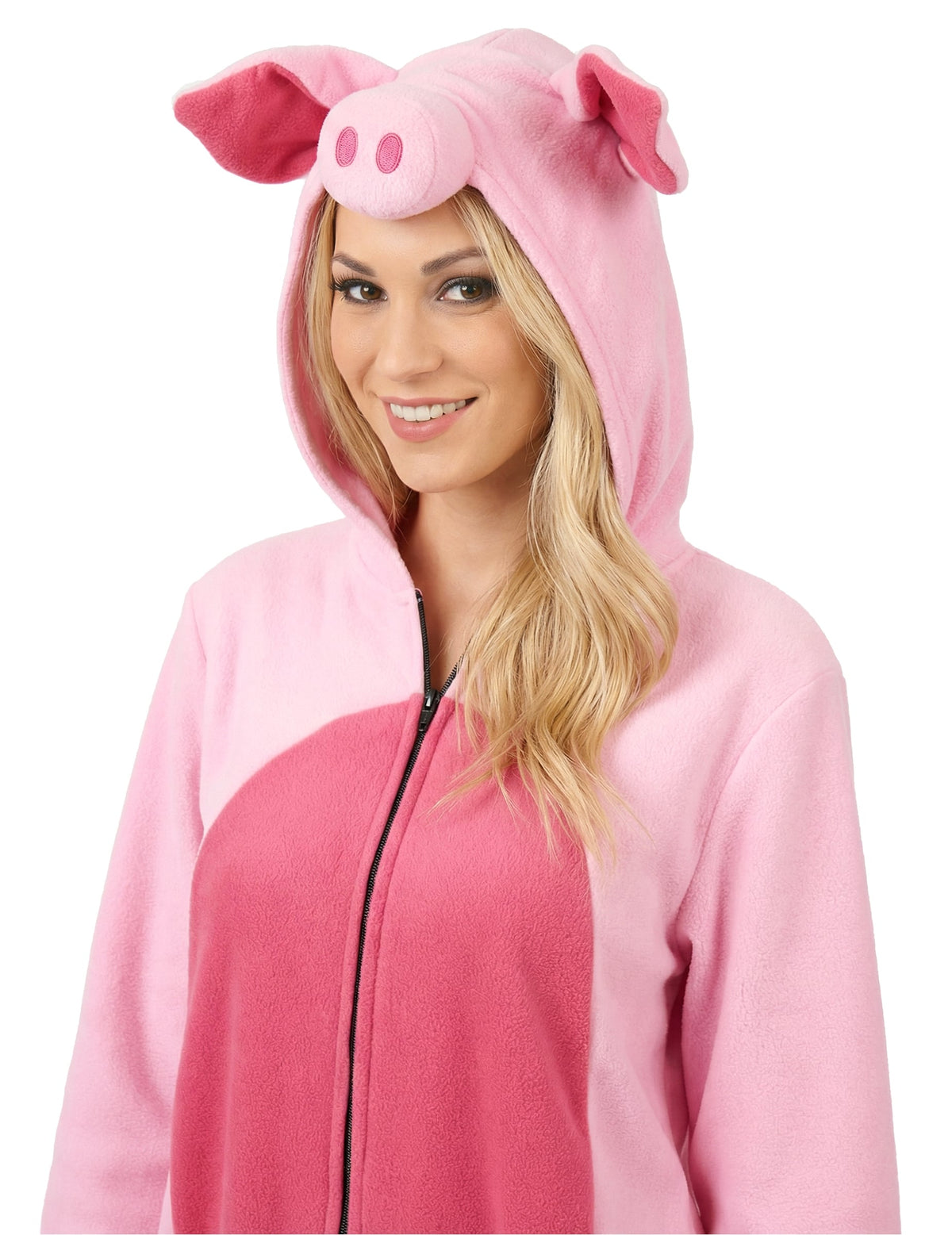 Gros plan sur la capuche avec oreilles et groin du déguisement de cochon pour femme