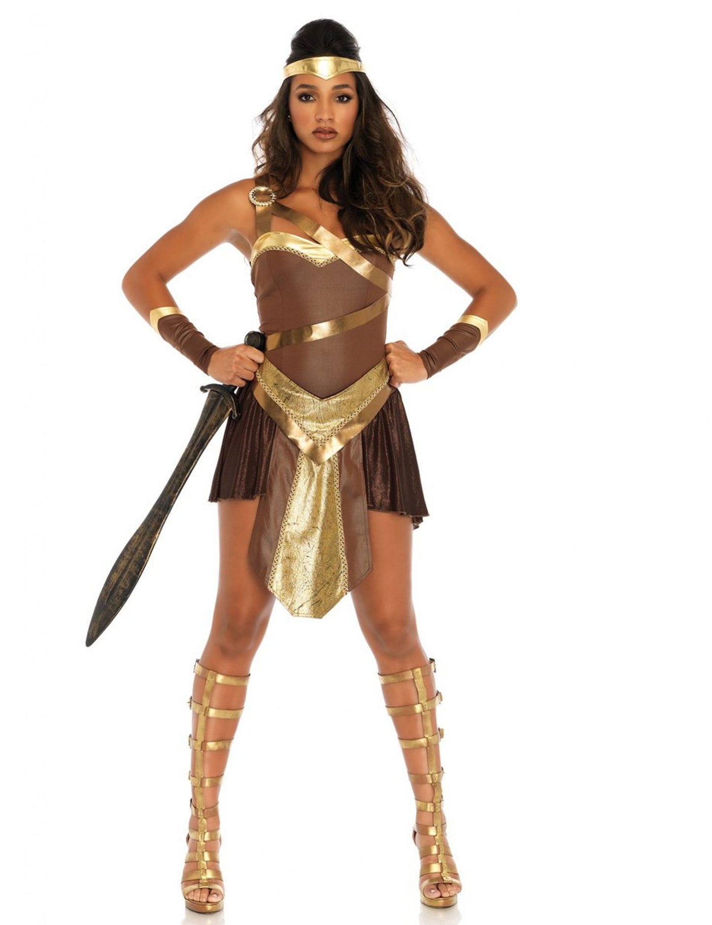 Déguisement de combattante gladiatrice pour femme marron et doré avec bandeau et épée