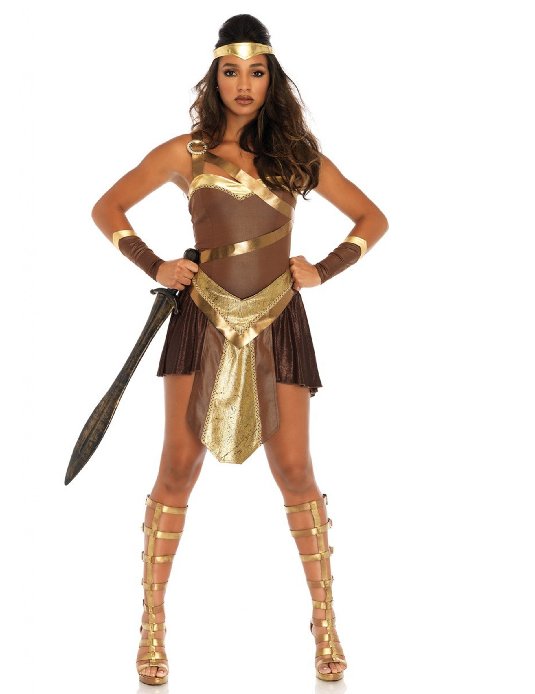 Déguisement de combattante gladiatrice pour femme marron et doré avec bandeau et épée