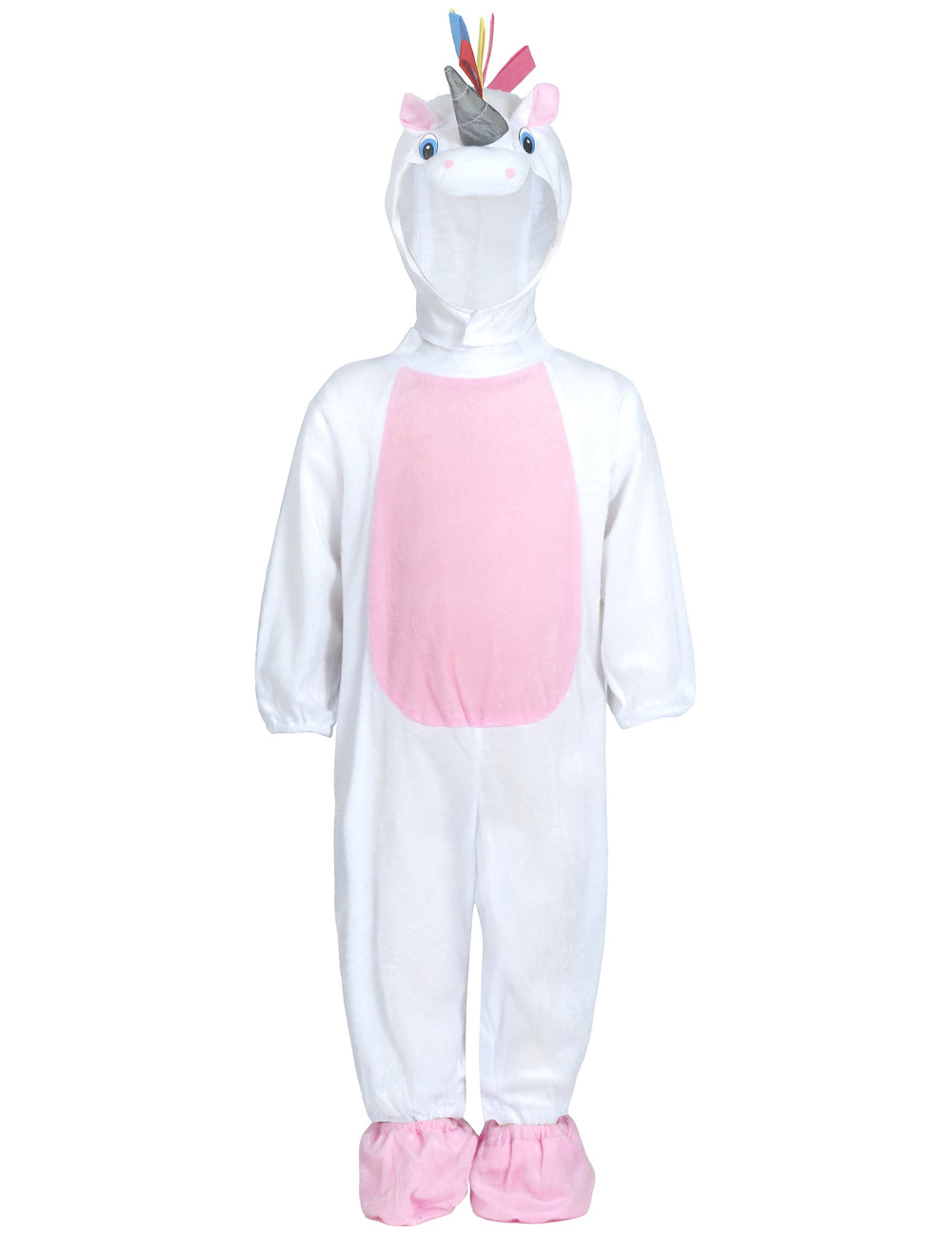 Vue de face du déguisement combinaison avec capuche licorne pour bébé
