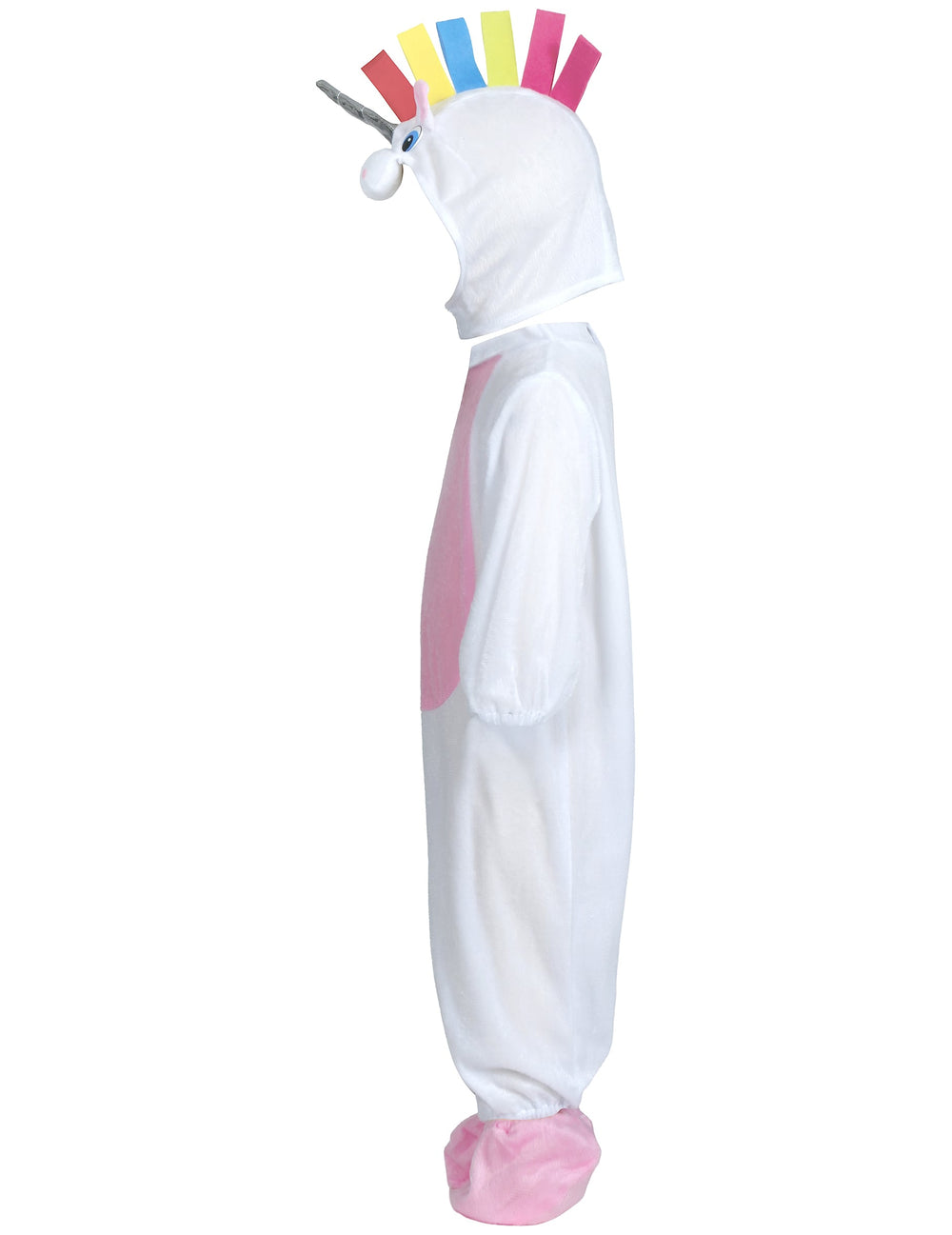 Vue de profil du déguisement combinaison avec capuche licorne pour bébé