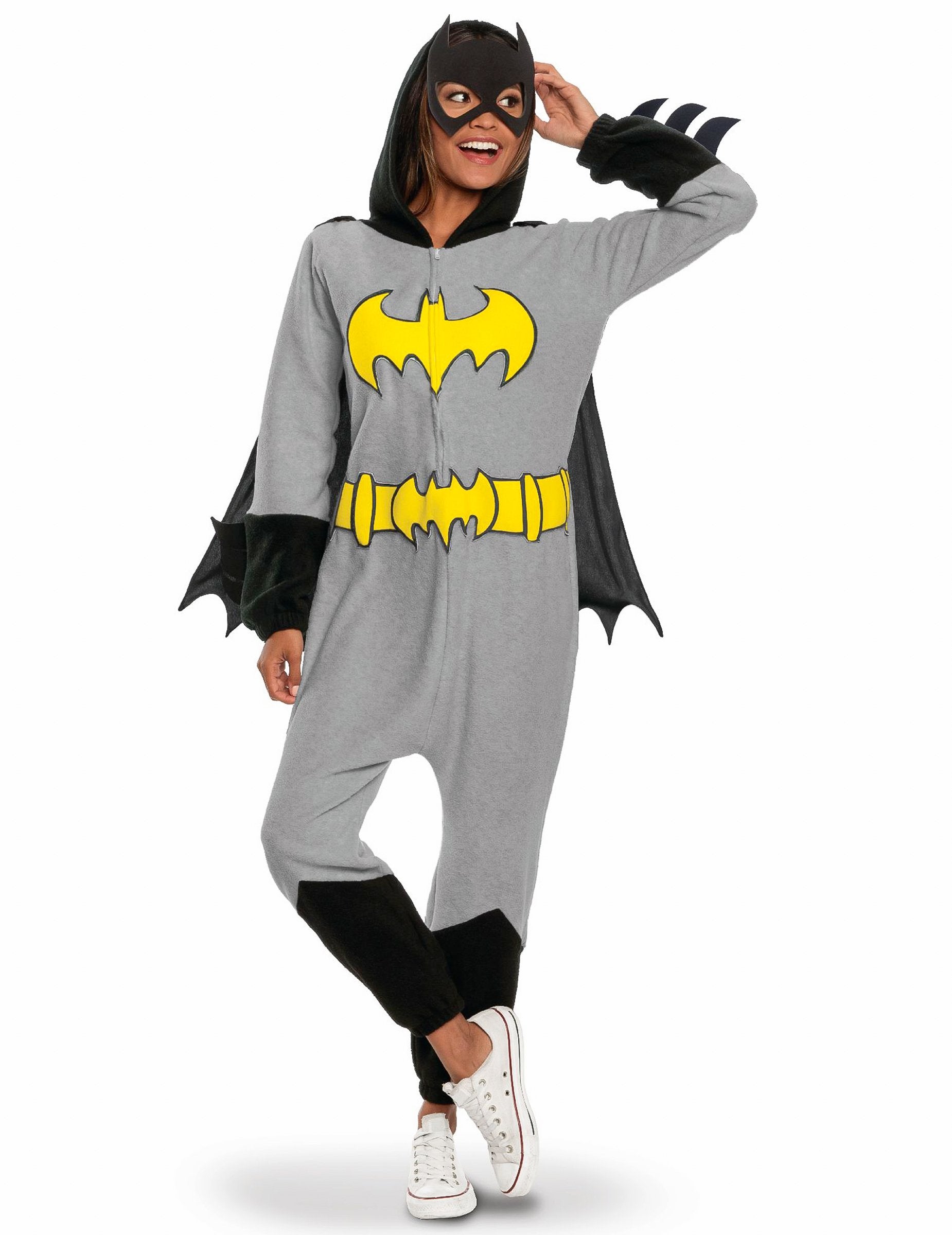 Déguisement combinaison Batgirl pour femme gris et jaune avec masque et cape