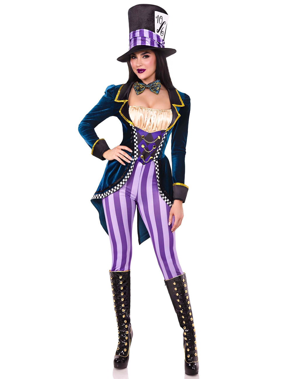 Déguisement combinaison chapelier fou sexy pour femme bleu et violet avec chapeau