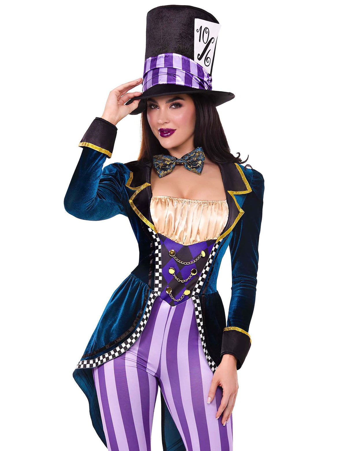 Gros plan sur le bustier et le chapeau du déguisement combinaison chapelier fou sexy