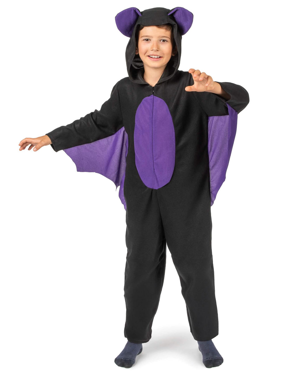 Fato de morcego para menino preto e roxo com asas e capuz com orelhas