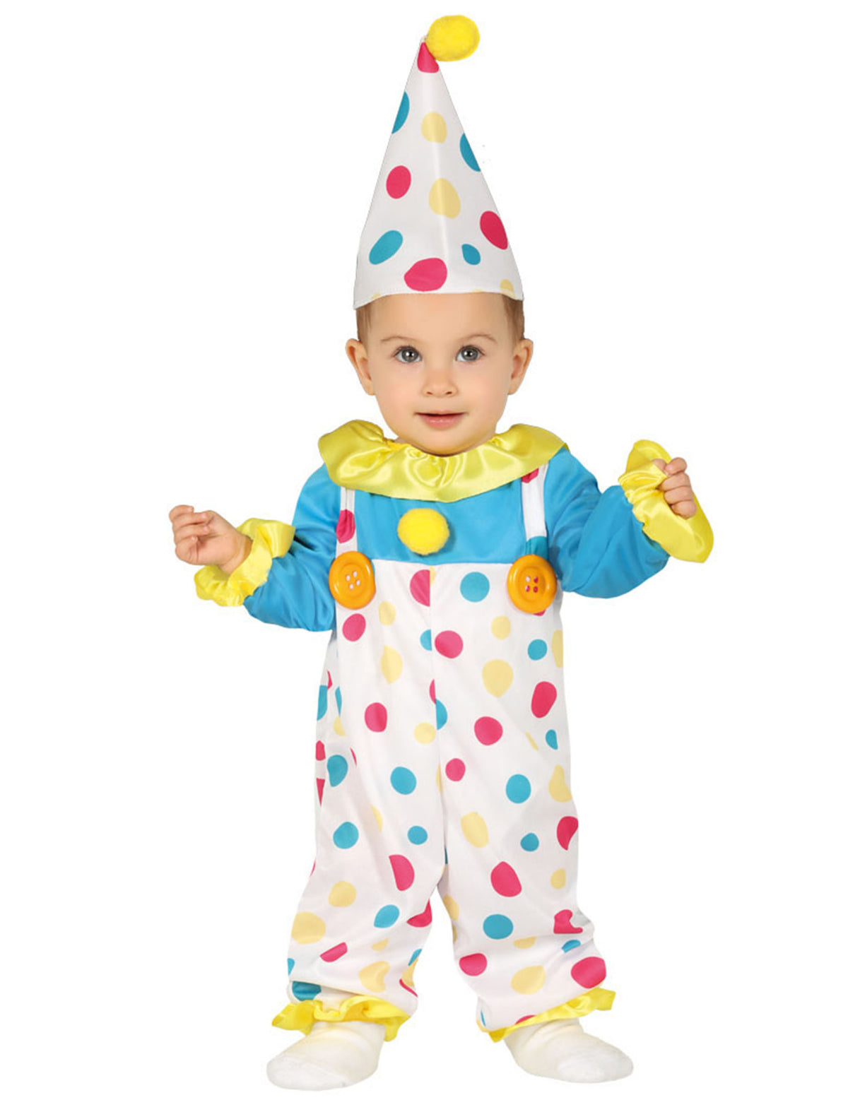 Déguisement combinaison clown à pois pastel pour bébé multicolore avec chapeau pointu
