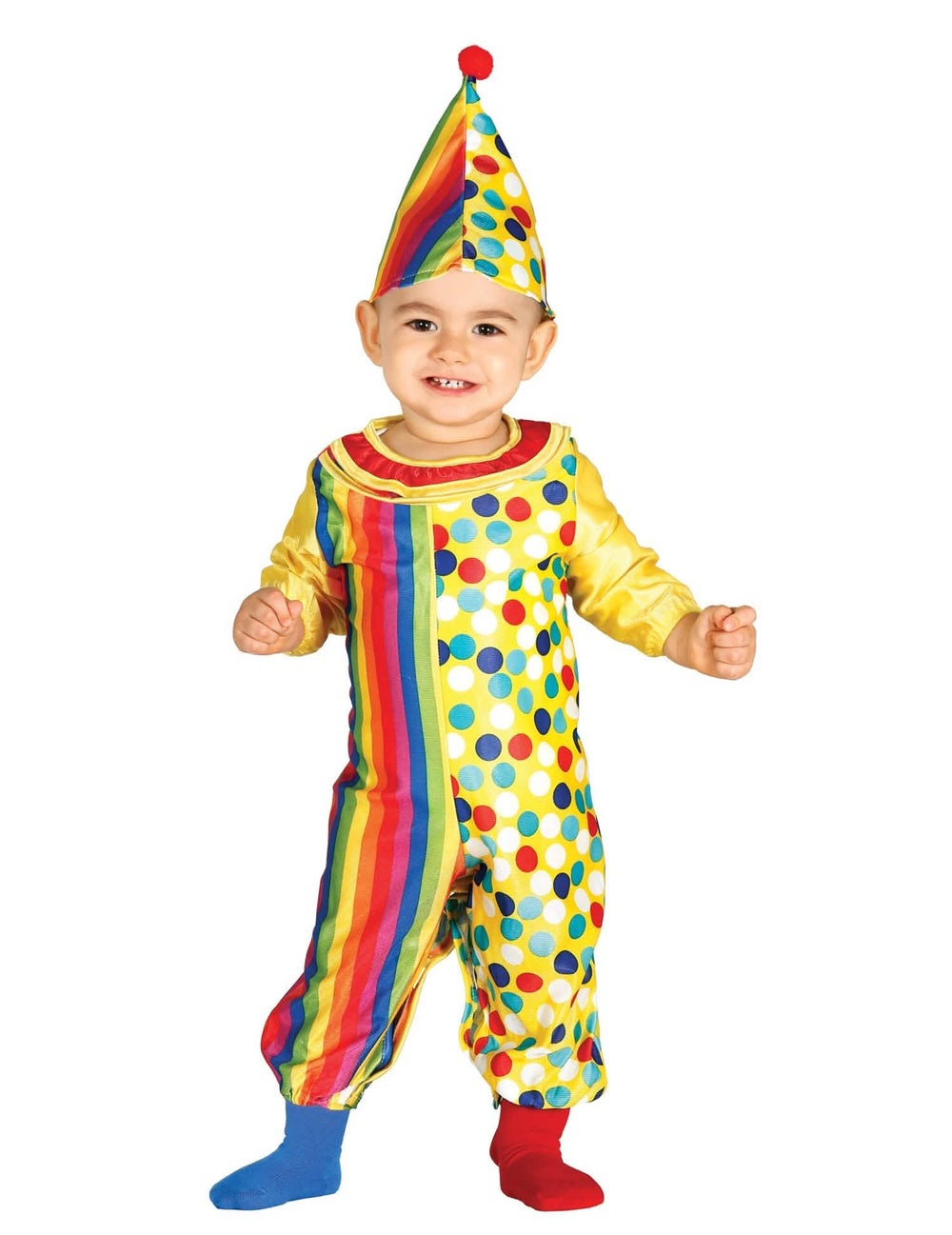 Fato de clown para bebé multicores às riscas e aos poás com chapéu