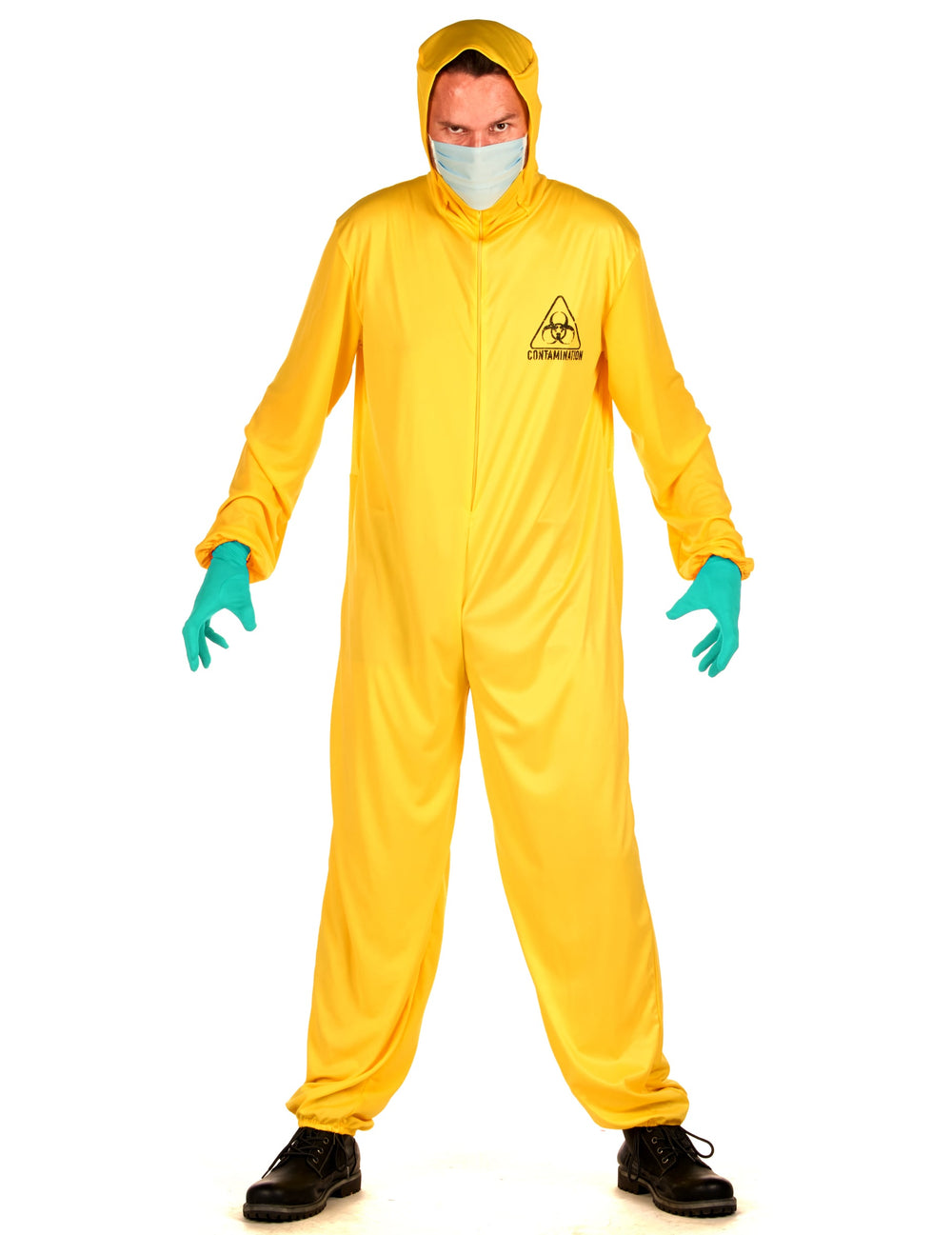 Déguisement combinaison contamination pour adulte jaune avec masque et gants
