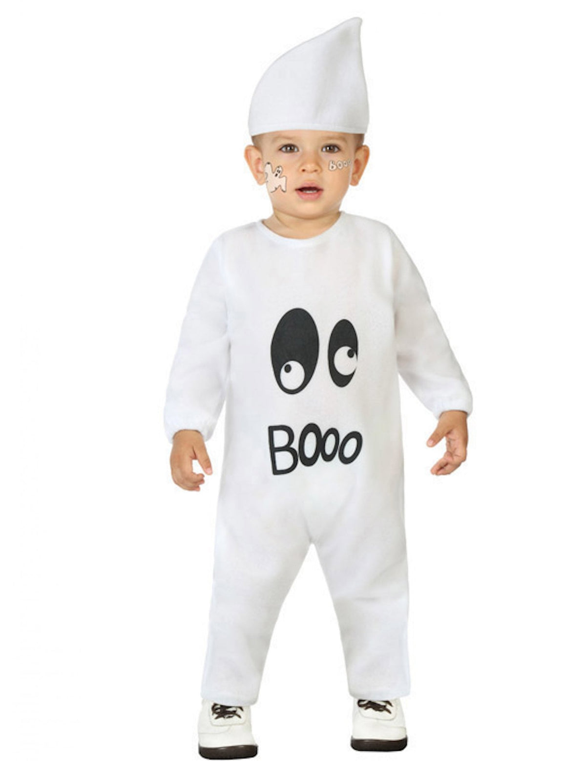 Déguisement combinaison fantôme pour bébé blanc avec inscription BOoo et bonnet pointu
