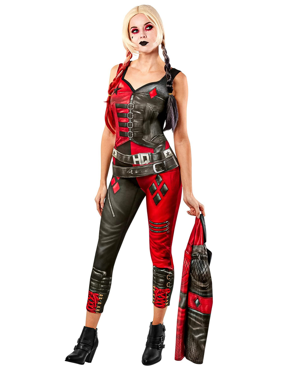 Fato de carnaval em macacão Harley Quinn Suicide Squad 2 para mulher vermelho e preto