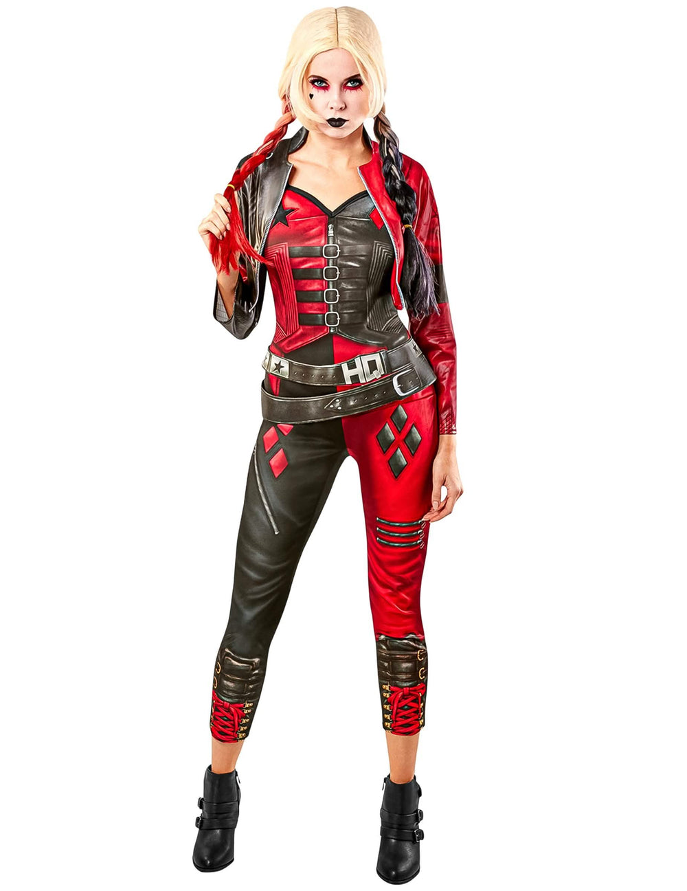 Vista frontal da fantasia fato-macaco Harley Quinn Suicide Squad 2 para mulher