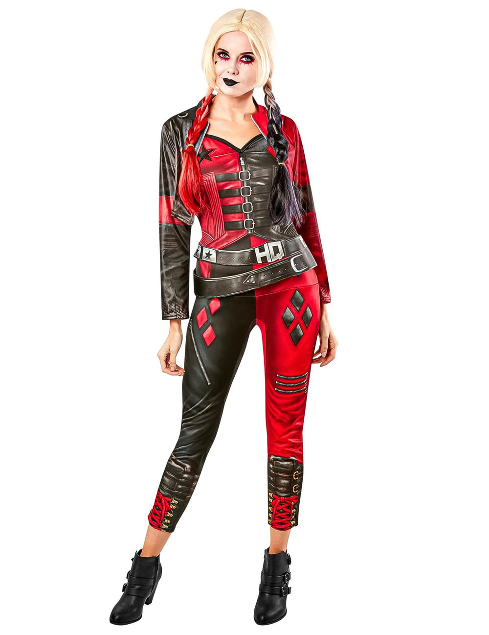 Fato de carnaval em macacão Harley Quinn Suicide Squad 2 para mulher vermelho e preto
