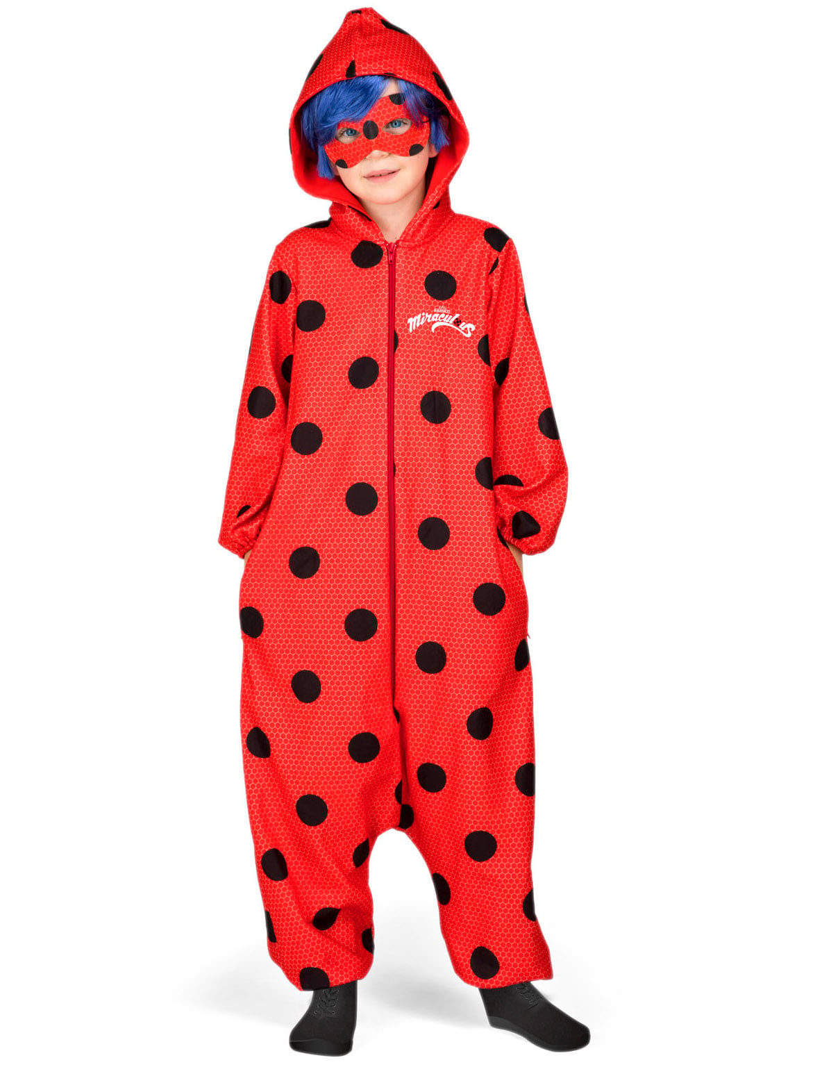 Déguisement combinaison Ladybug pour enfant rouge à pois noirs avec capuche et masque