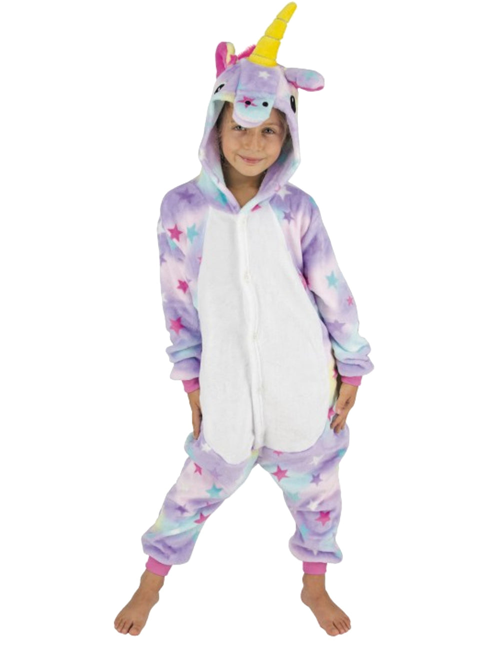 Déguisement combinaison licorne avec étoiles pour enfant violet et blanc avec corne jaune