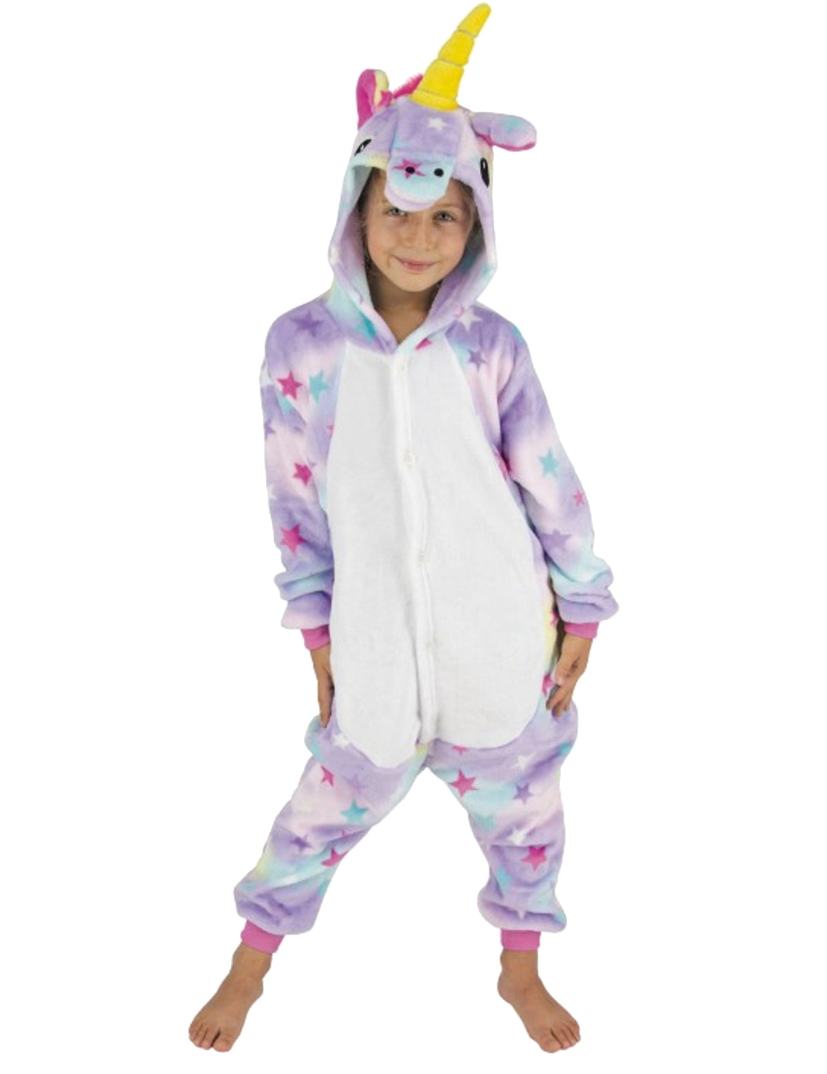 Déguisement combinaison licorne avec étoiles pour enfant violet et blanc avec corne jaune
