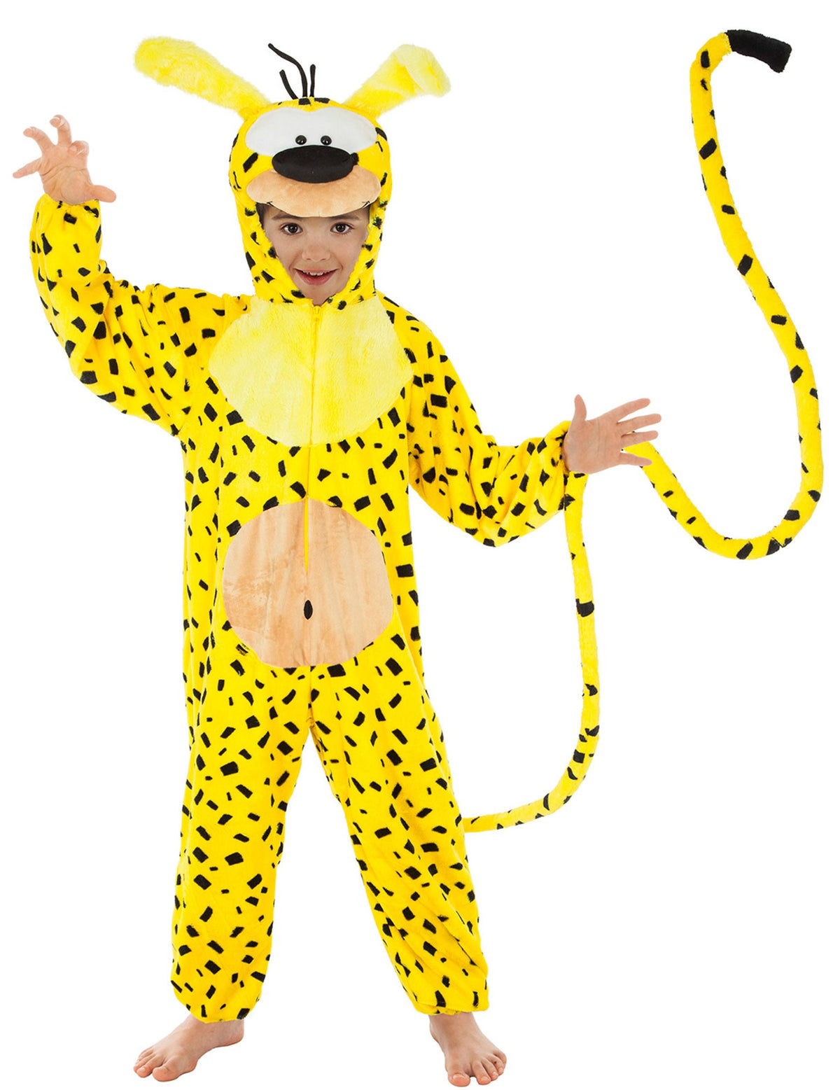 Déguisement combinaison Marsupilami pour enfant jaune tacheté de noir avec longue queue