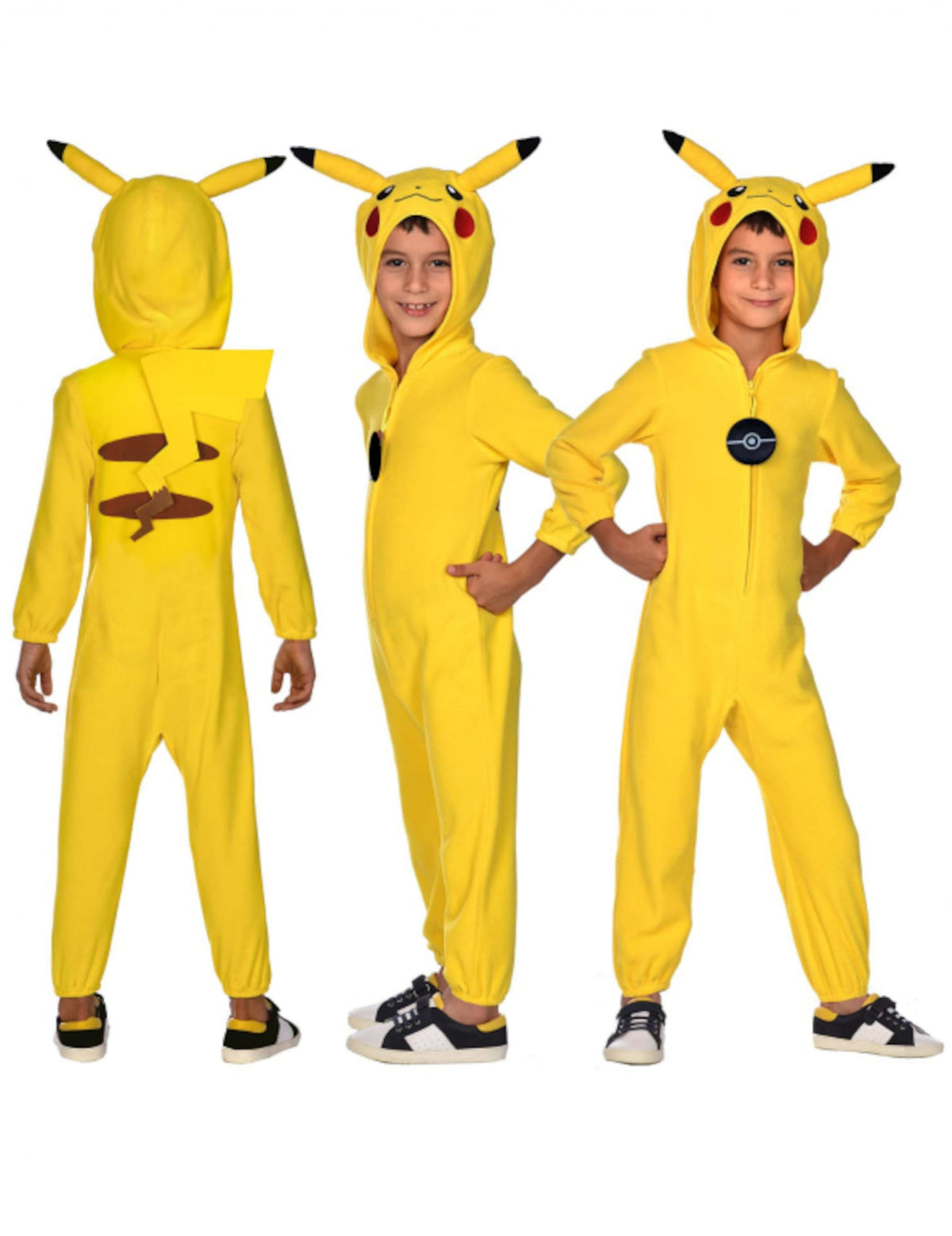 Vues de face, de dos et de profil du déguisement combinaison Pikachu Pokémon™