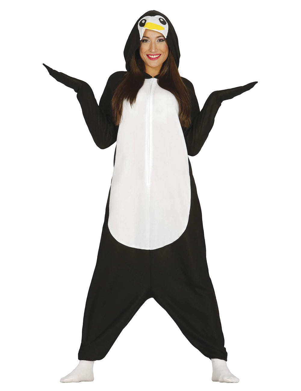 Fato de pinguim para adulto preto e branco com capuz