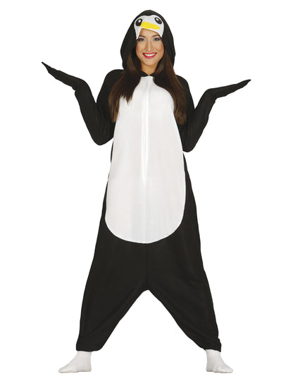 Déguisement combinaison pingouin pour adulte noir et blanc avec capuche