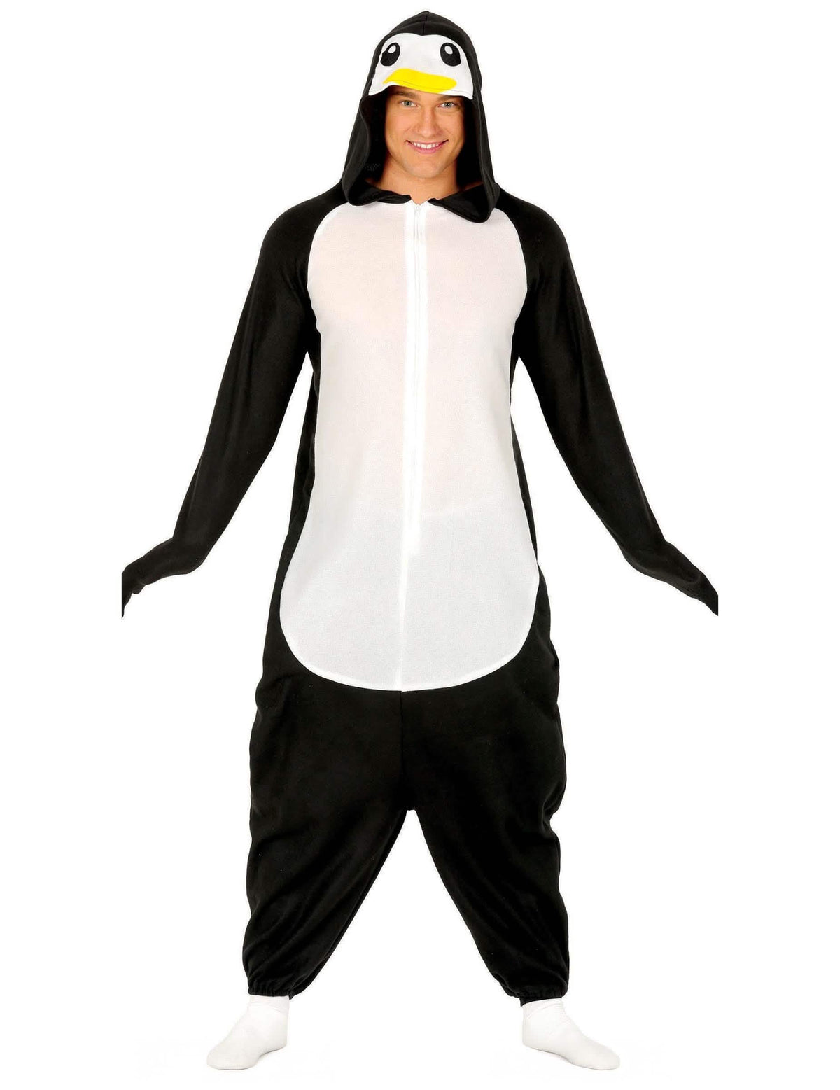 Vista frontal do disfarce fato-macaco pinguim para adulto