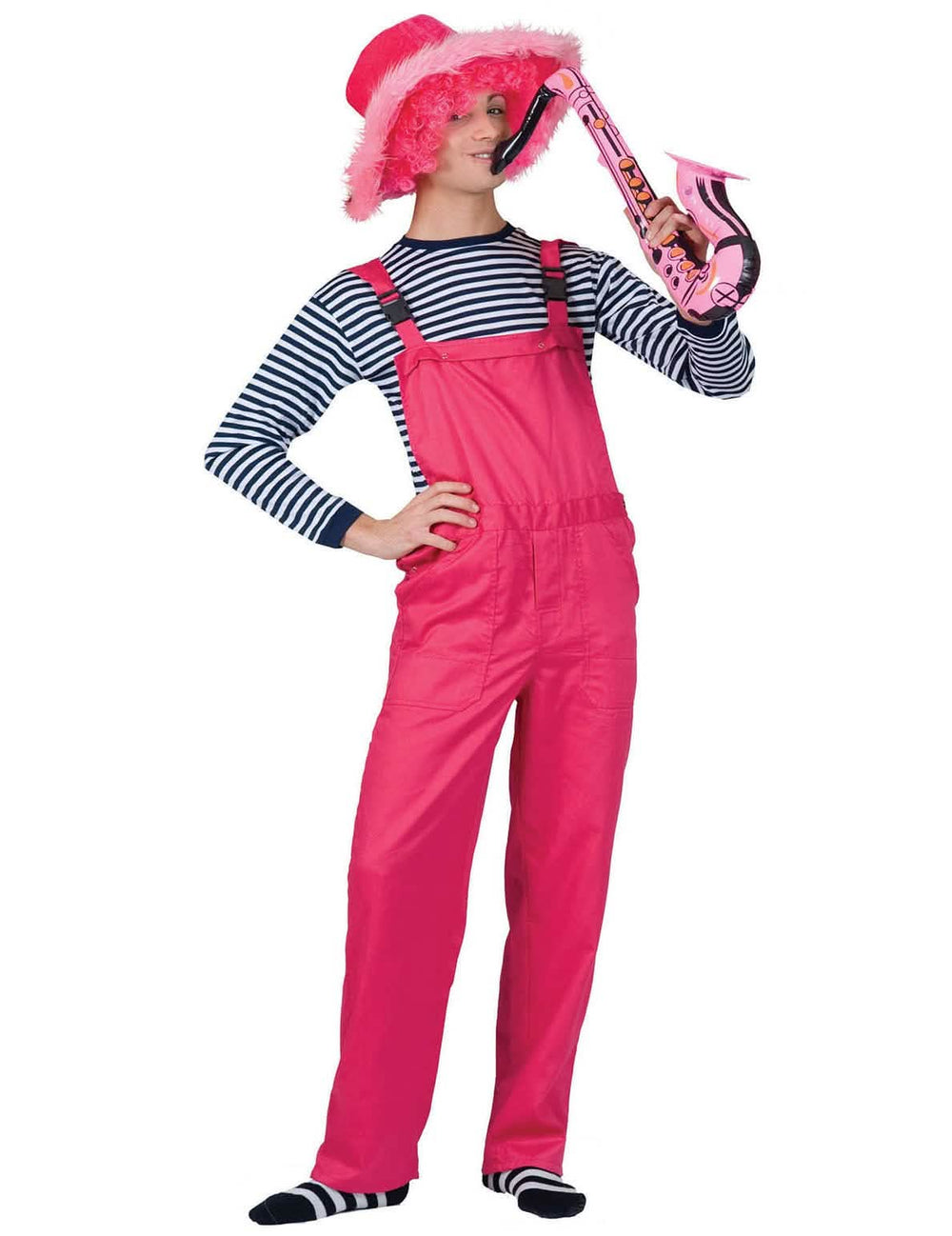 Fato de macaco cor de rosa fluo para adulto estilo jardineiras