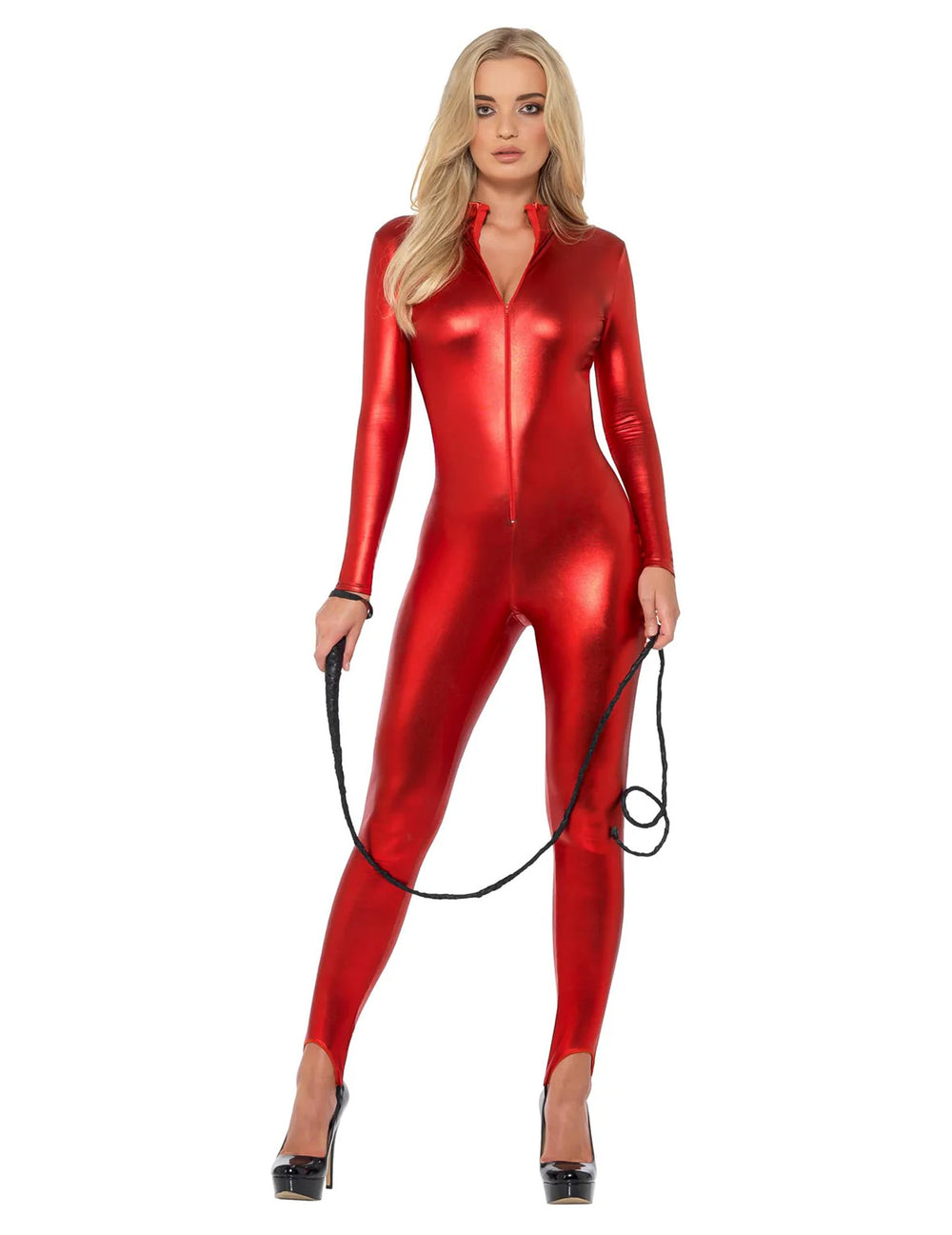 Fouet noir du déguisement combinaison sexy pour femme rouge métallique