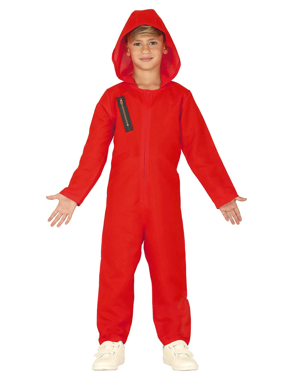 Fato macacão de ladrão para criança vermelho com capuz
